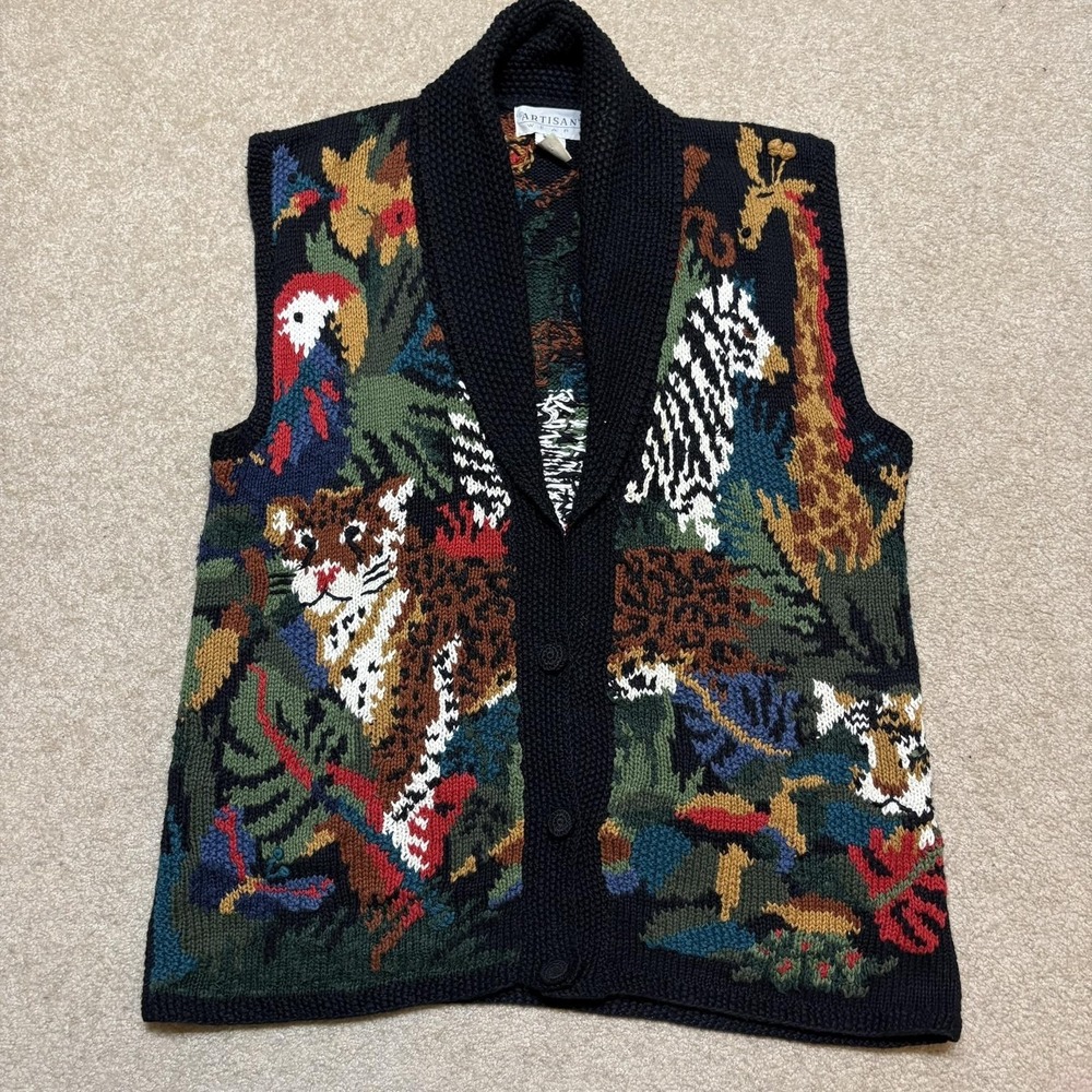 Vtg Artisan Wear Sweater Vest Womens Large AOP Jungle Animal Knit Chunky Button
